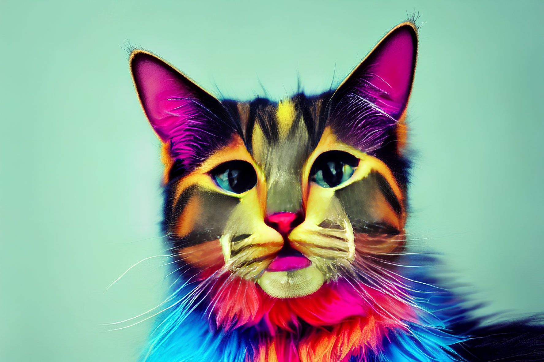 Colorful Digital Artwork: Cat with Blue, Yellow, and Purple Fur on Turquoise Background