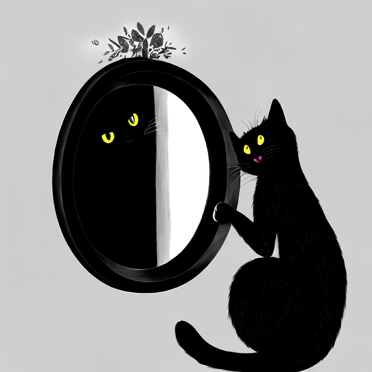 Black Cat with Yellow Eyes Gazing at Reflection in Round Mirror