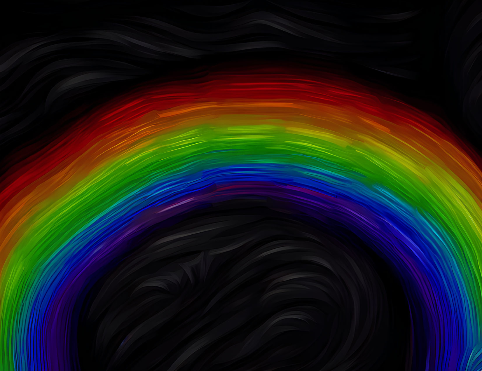 Abstract digital artwork: swirling rainbow colors on dark wave background