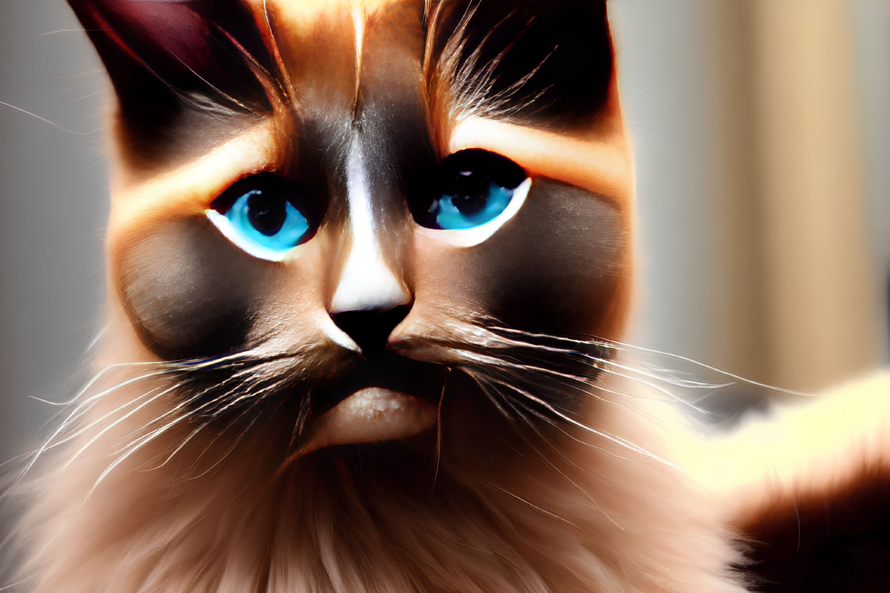Striking Blue-Eyed Cat Close-Up with Fluffy Coat