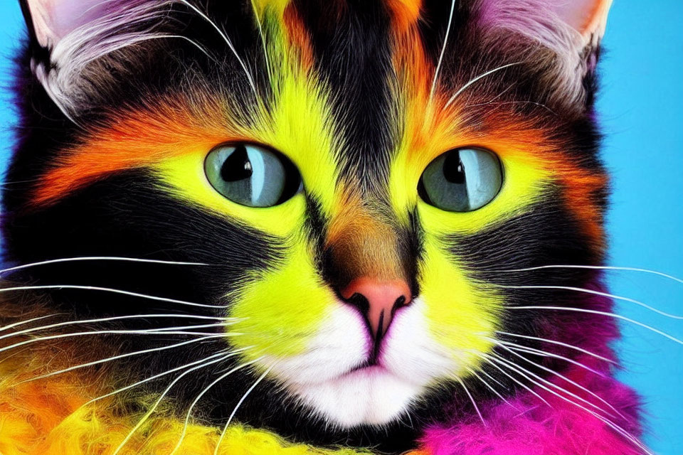 Colorful Close-Up of Cat with Vibrant Fur on Blue Background