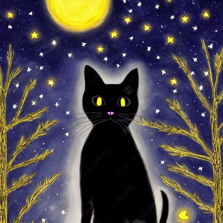 Black Cat Sitting Under Starry Night Sky with Yellow Moon and Wheat Silhouette