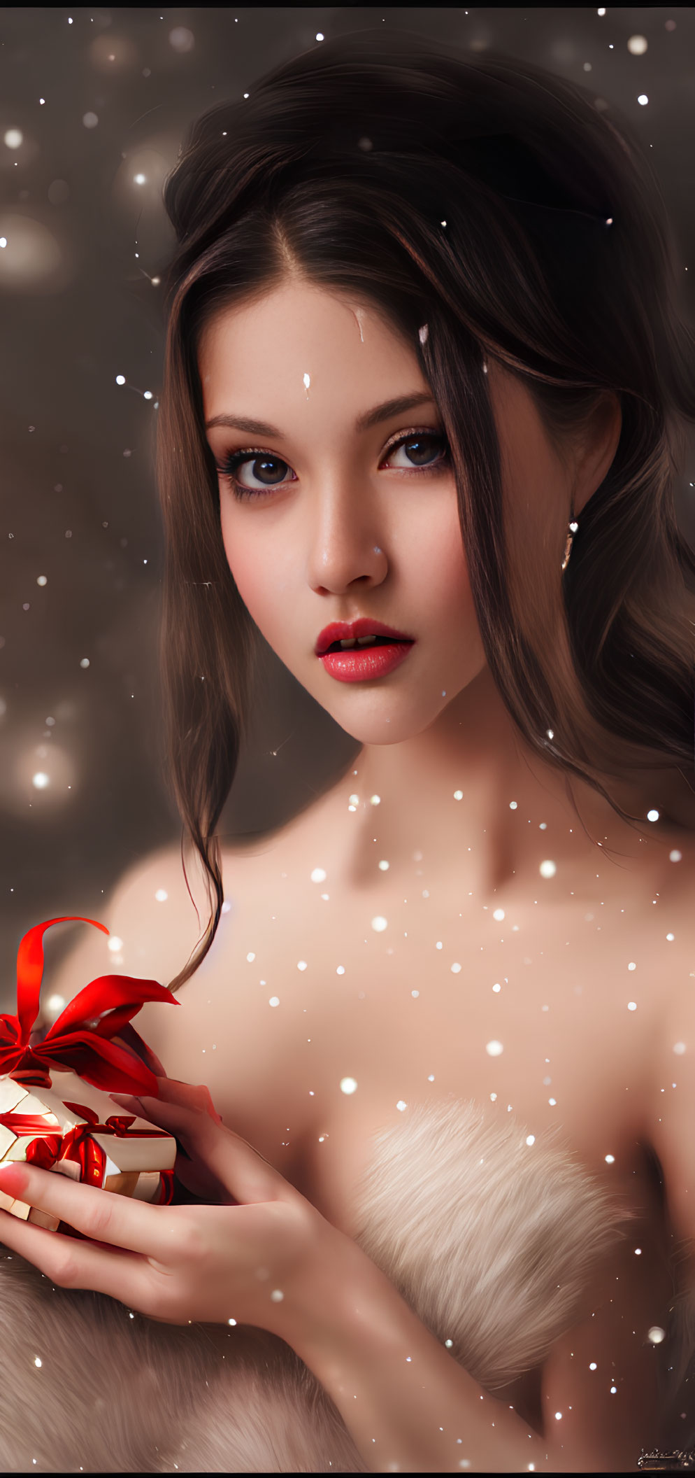Digital illustration: Woman with long brown hair holding gift in snowy scene