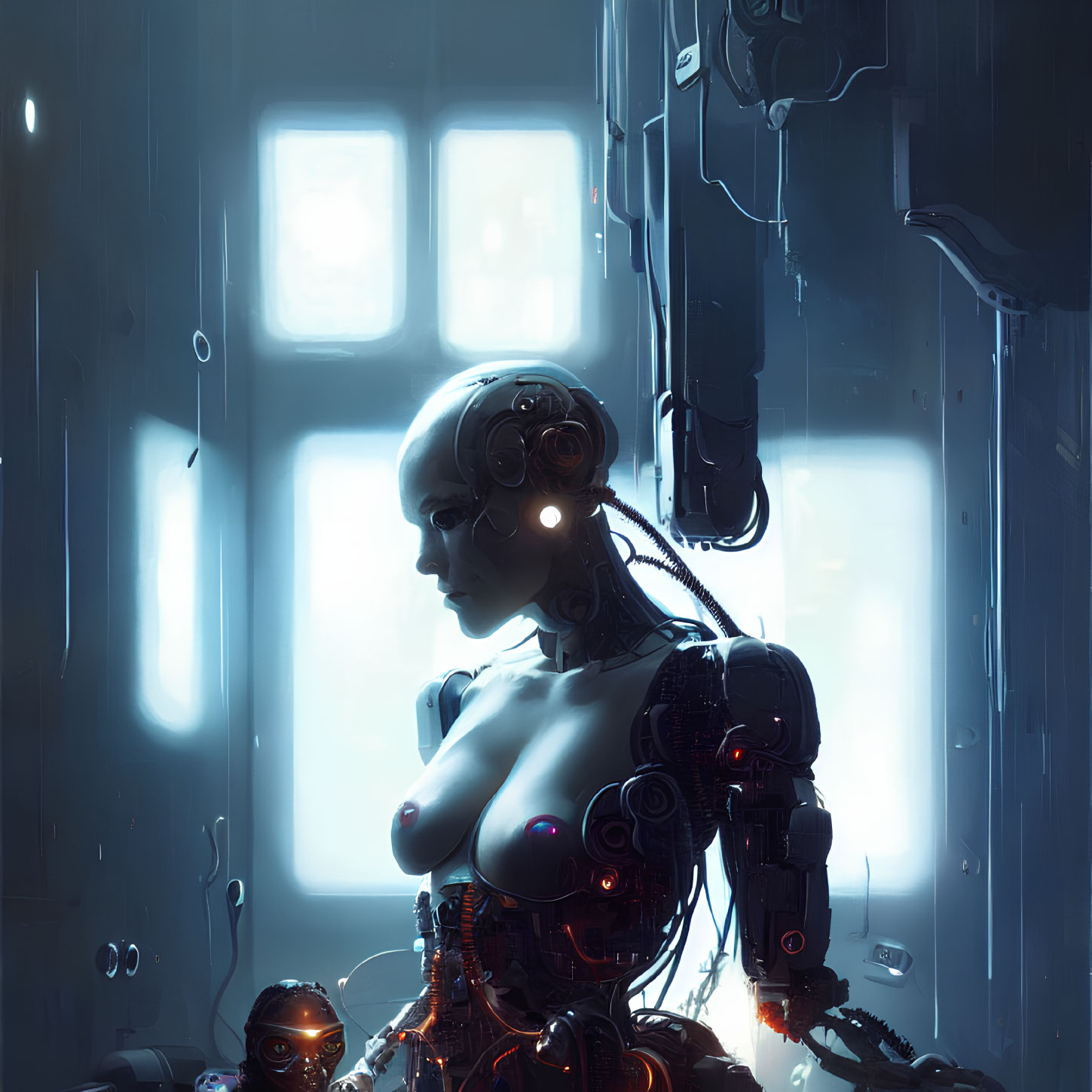Futuristic female android with intricate mechanical details in contemplation