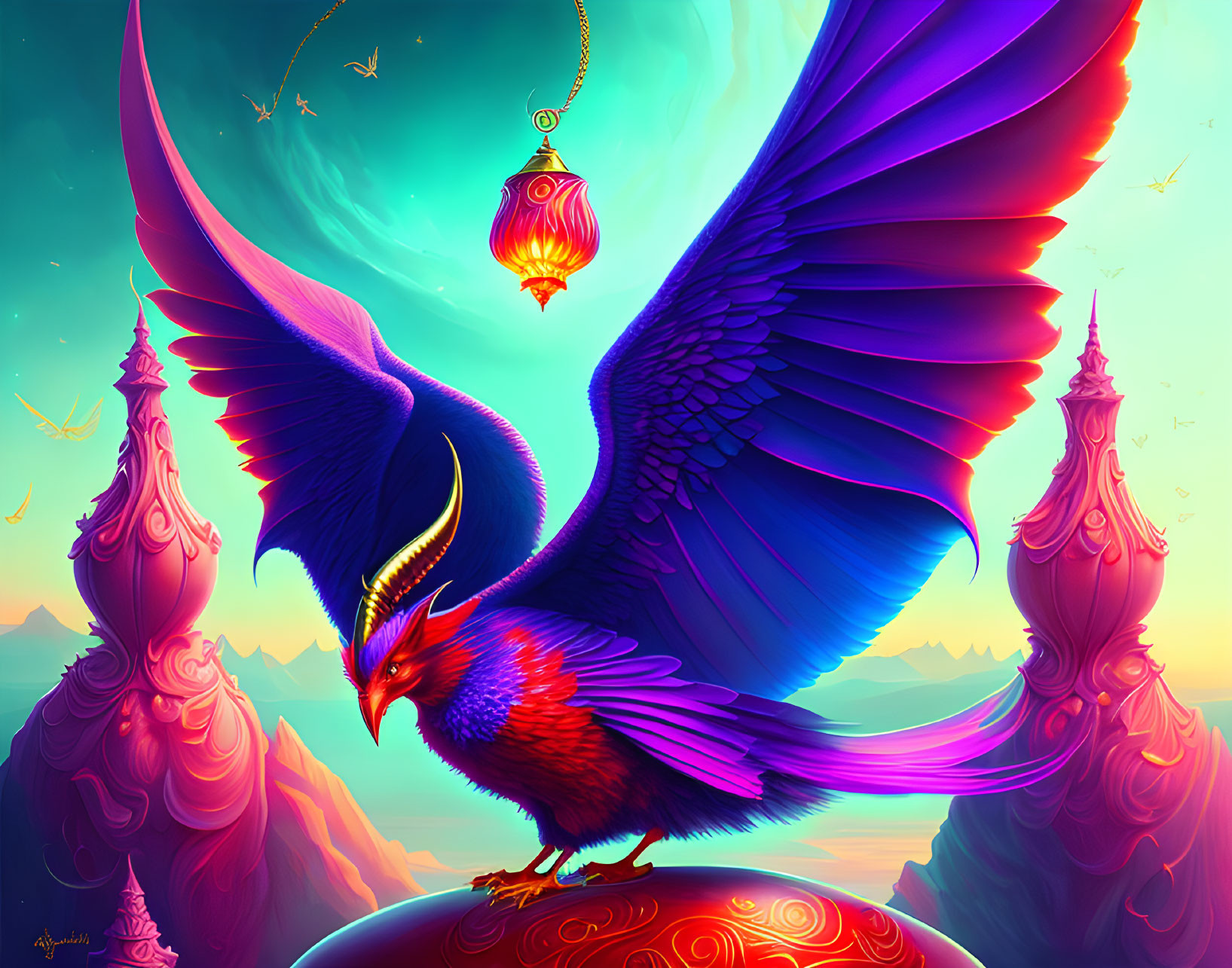 Colorful Phoenix Perched on Sphere with Minarets in Twilight Sky