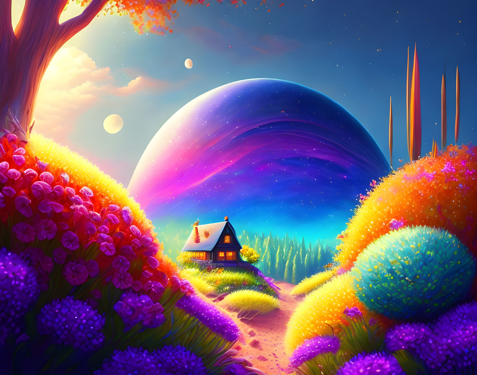 Colorful landscape with cottage, lush flora, giant planet, moons