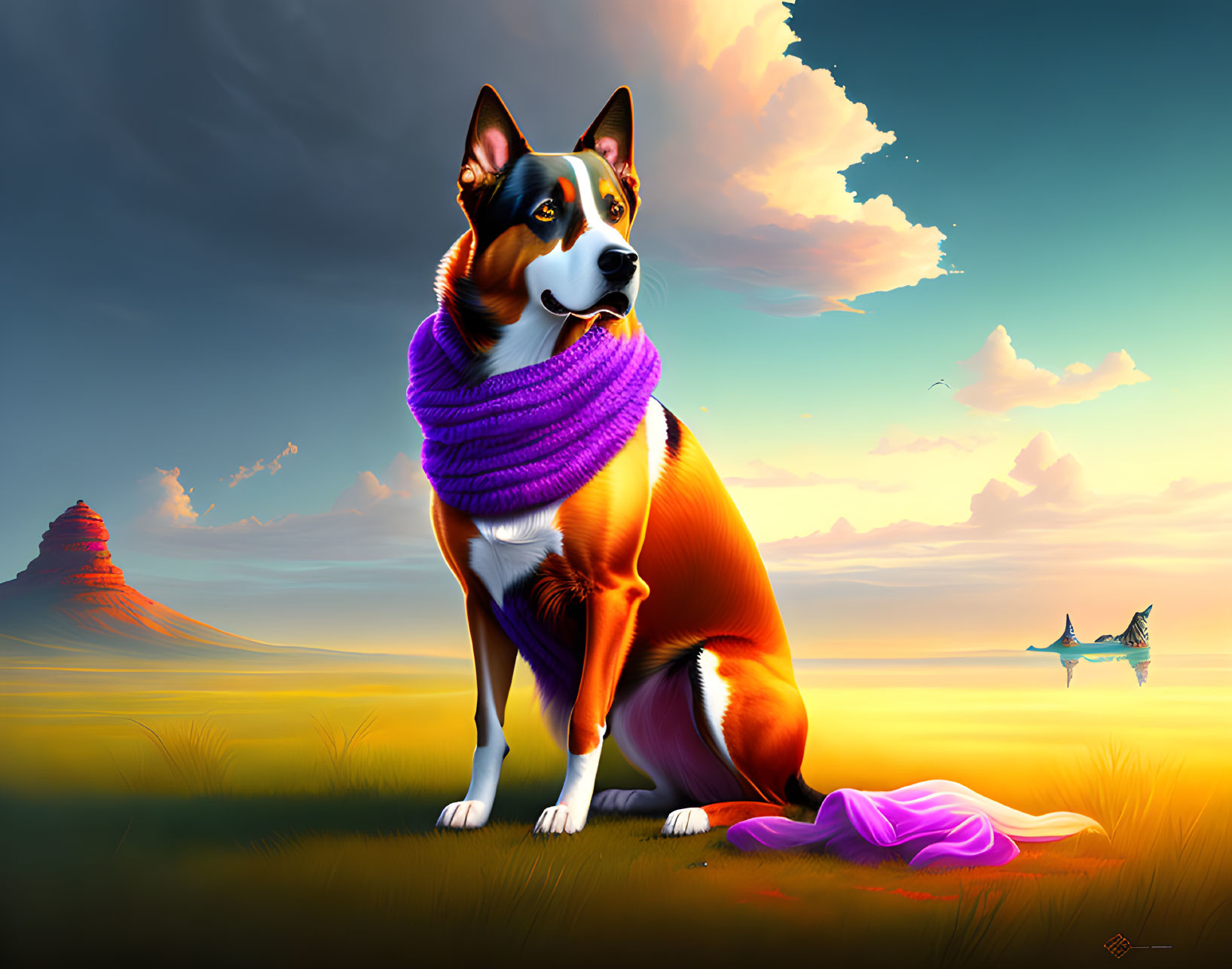 Digital illustration: Dog in purple scarf in serene sunset scene
