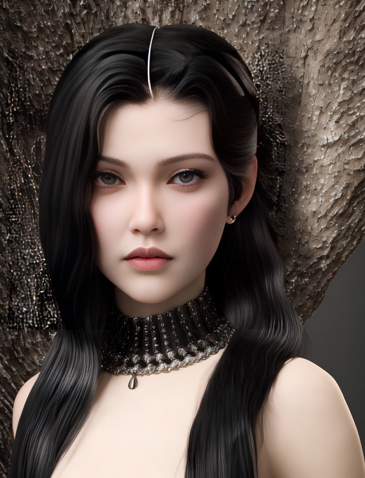 Portrait of woman with long black hair, fair skin, striking makeup, silver choker, textured backdrop