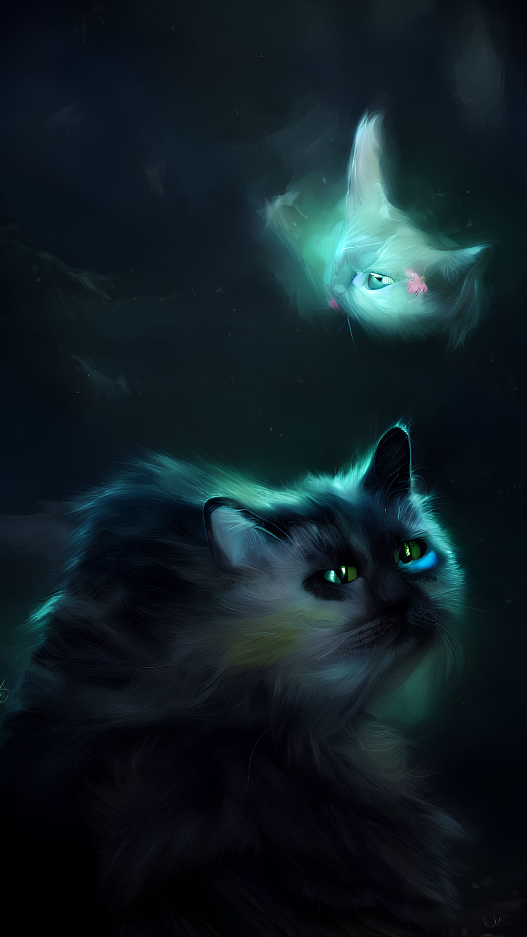 Digital Artwork: Two Cats with Glowing Eyes, One Grounded, One Translucent in Sky