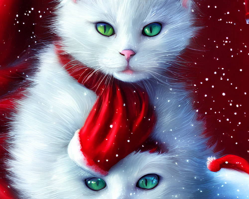 Two White Cats in Santa Hats on Snowy Red Background