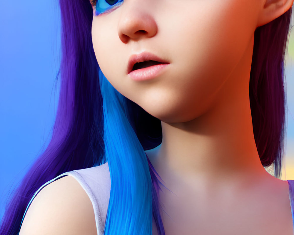 Vibrant blue and purple hair girl 3D illustration on blue background