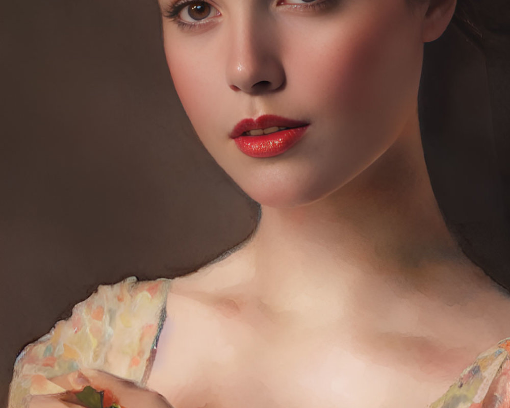 Digital painting of woman with elegant updo and floral dress holding flower