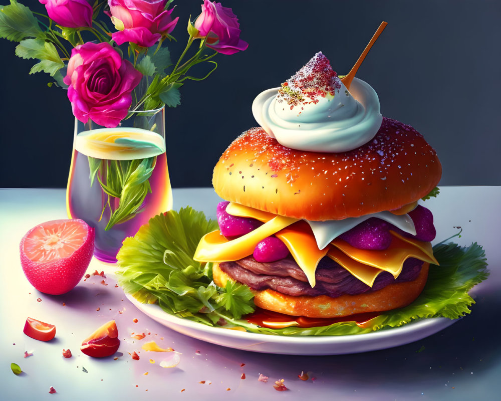 Colorful surreal burger illustration with purple patties, cream, and roses beside multicolored drink.