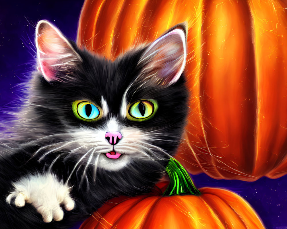Colorful Cat and Pumpkin Illustration on Starry Night Sky