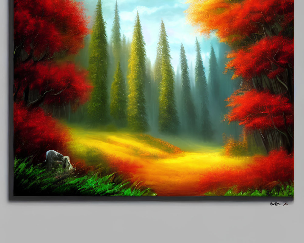 Colorful forest painting with red autumn trees, golden pathway, and misty background