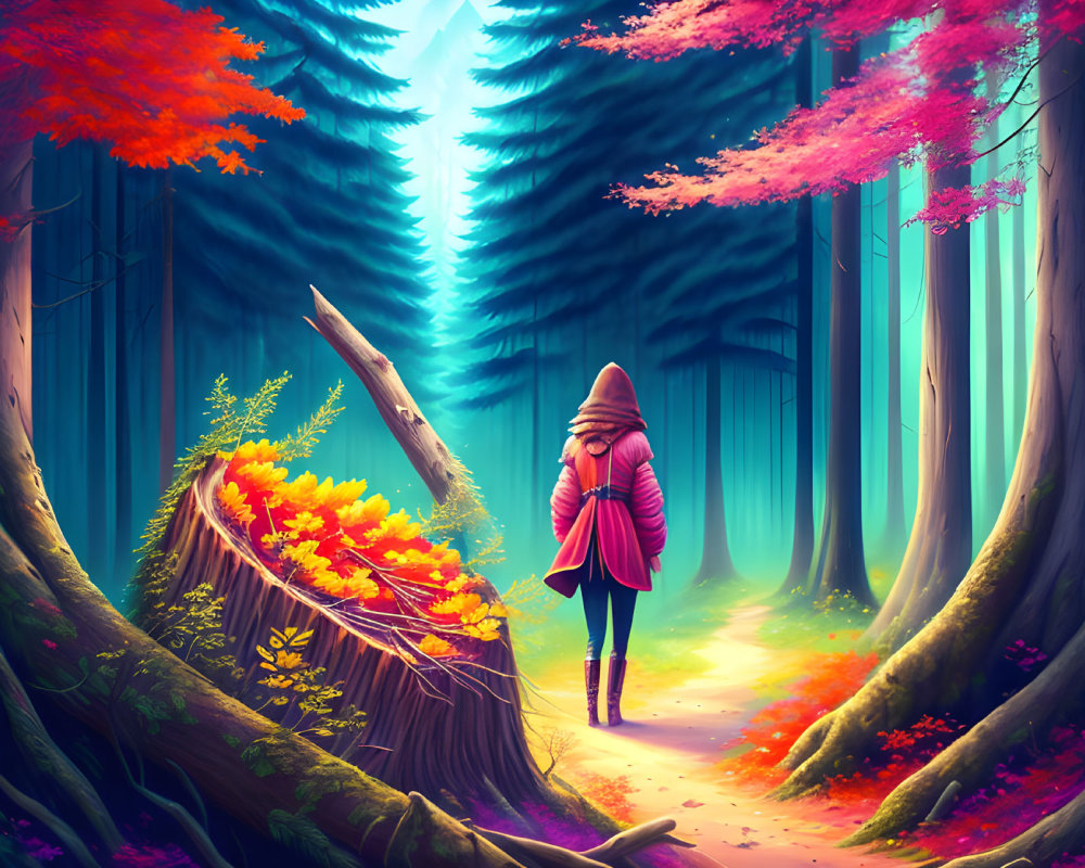 Person in Pink Jacket Standing in Autumn Forest Path under Blue Light