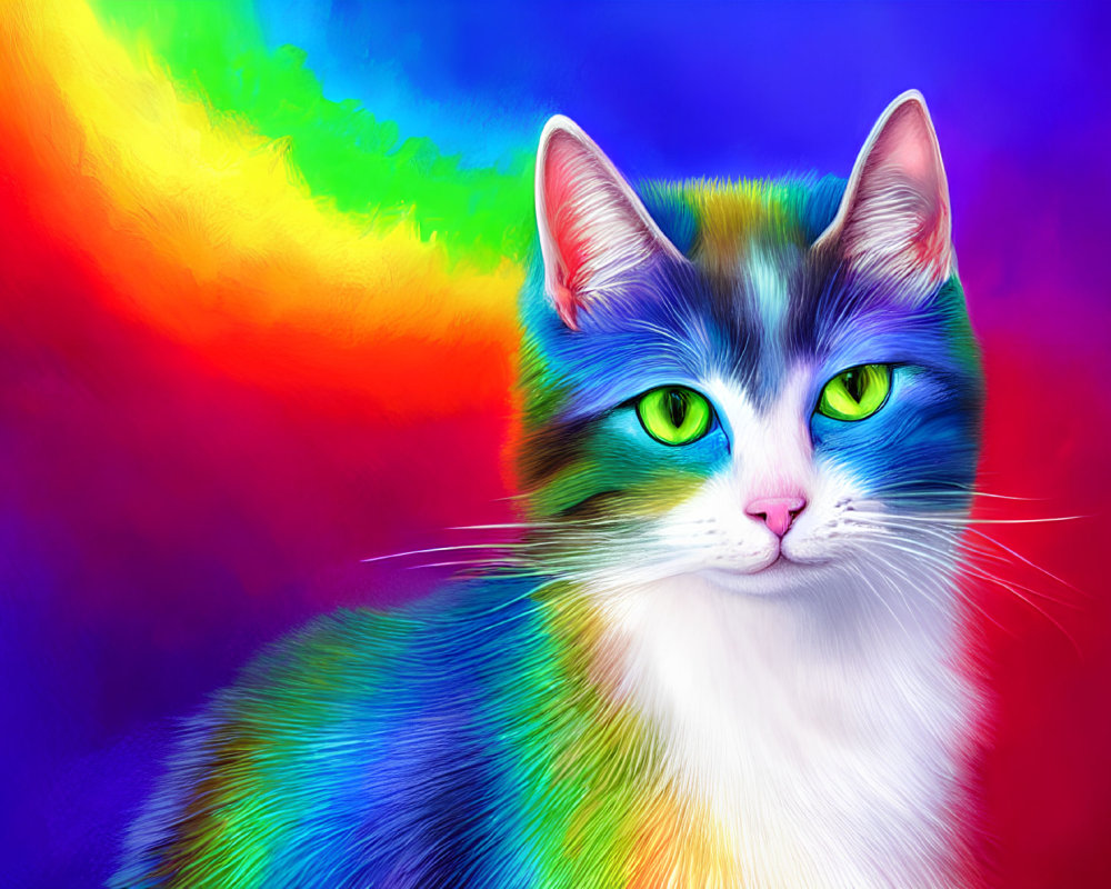 Colorful Digital Art: Cat with Green Eyes on Rainbow Background