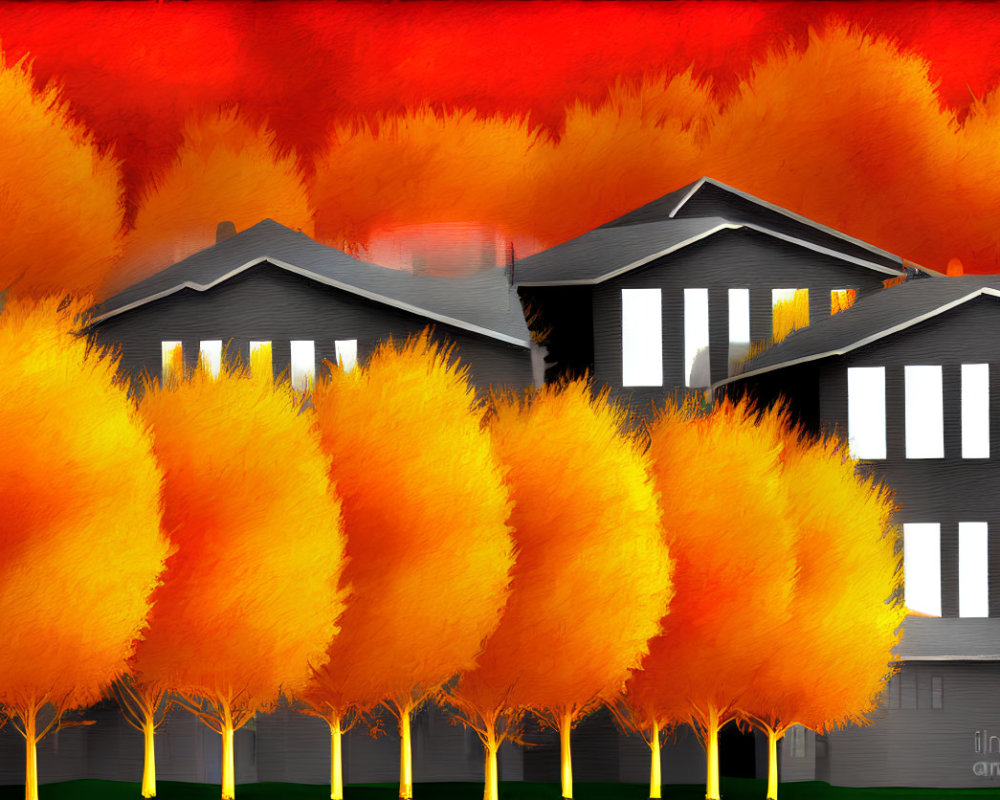Monochrome houses with autumn trees on red-black background