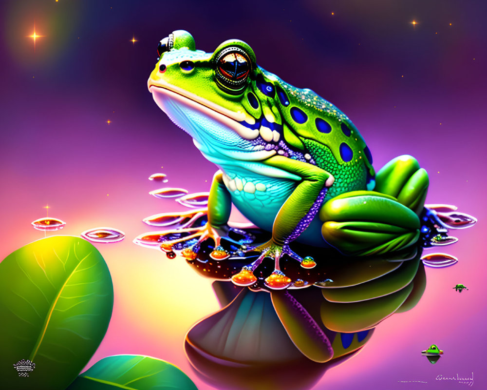 Colorful Digital Illustration of Green Frog on Mushroom with Sparkles and Bubbles