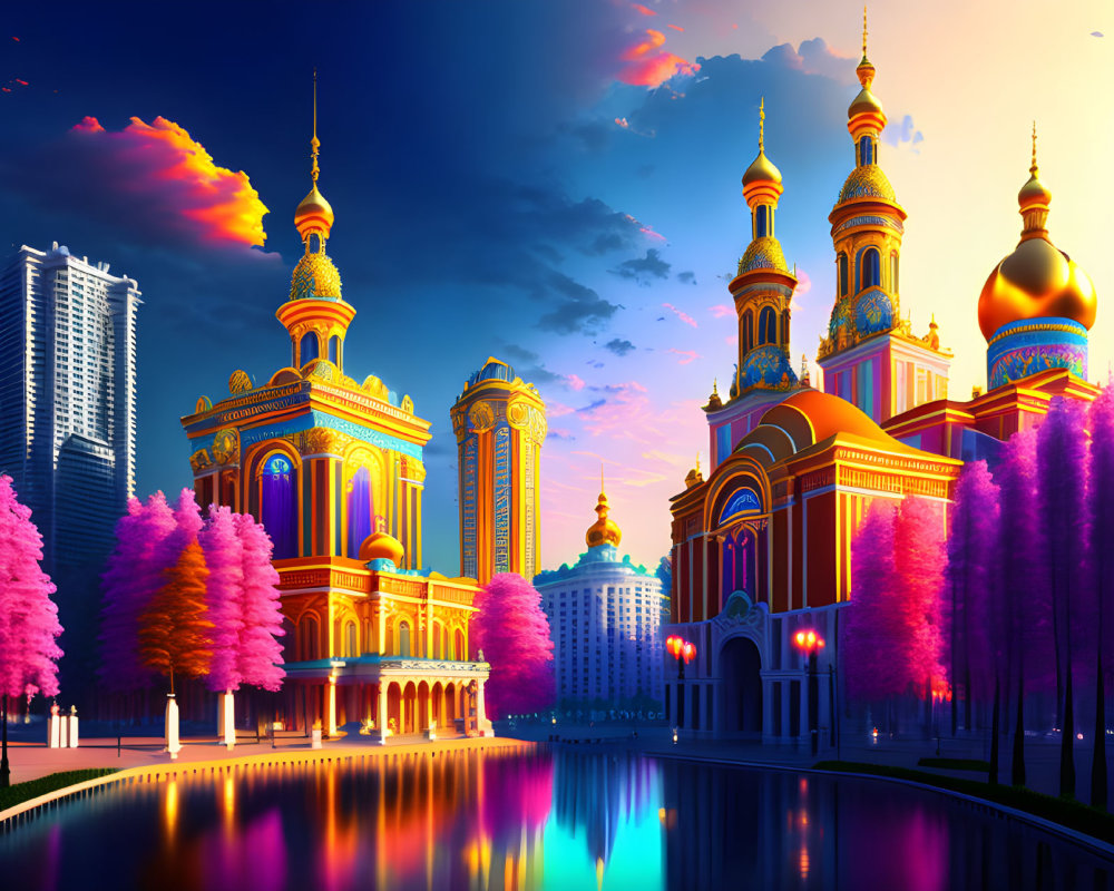 Fantastical cityscape illustration with golden-domed buildings, colorful trees, and reflective water at dusk