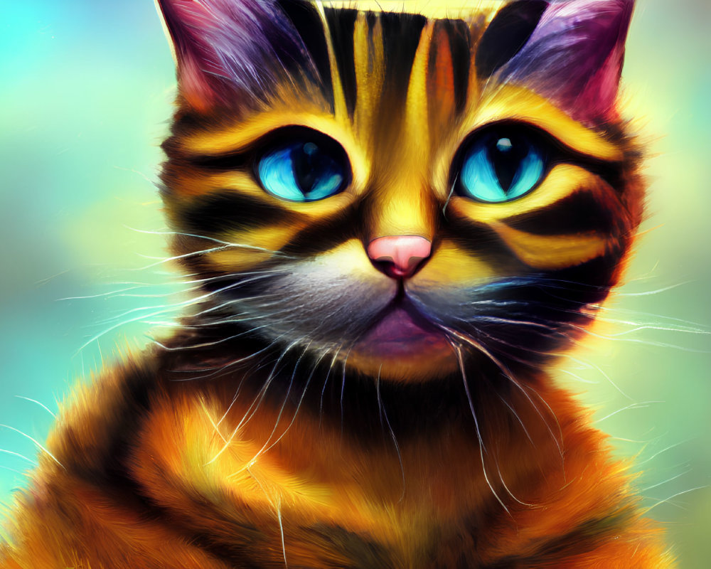 Vibrant digital artwork featuring a cat with blue eyes and intricate fur patterns