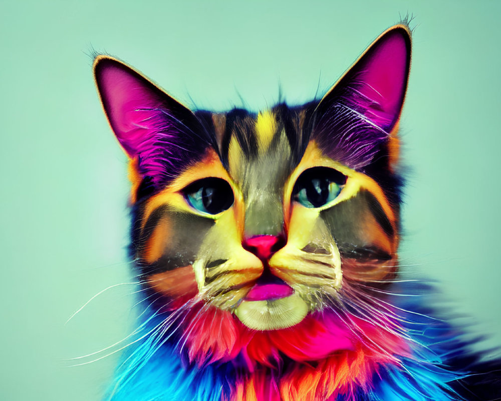 Colorful Digital Artwork: Cat with Blue, Yellow, and Purple Fur on Turquoise Background