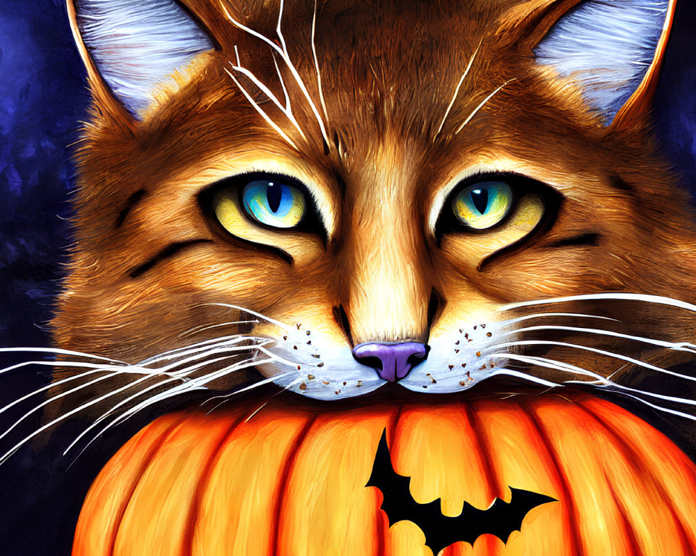 Orange Cat with Blue Eyes Resting on Pumpkin with Bat Silhouette