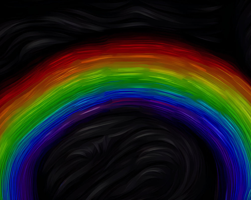 Abstract digital artwork: swirling rainbow colors on dark wave background