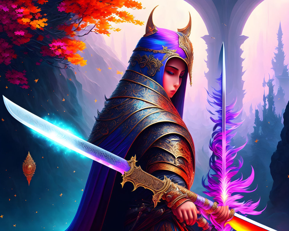 Fantasy warrior woman with purple hair and glowing sword in enchanted forest