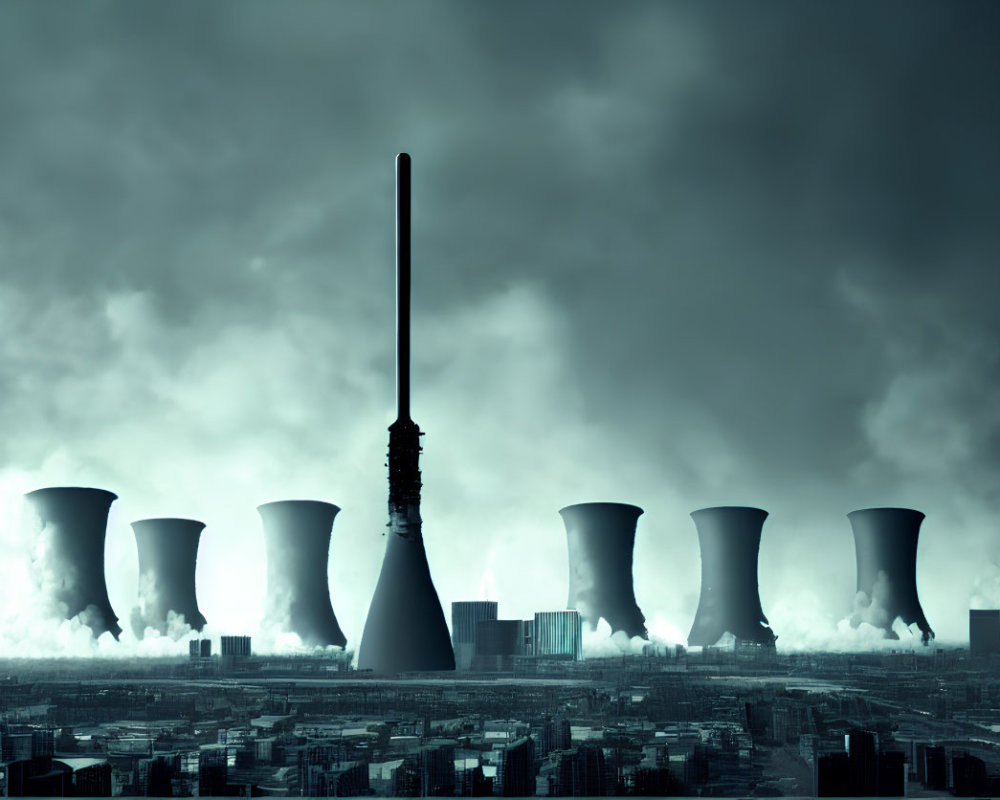 Industrial landscape with cooling towers, central tower, and city under cloudy sky