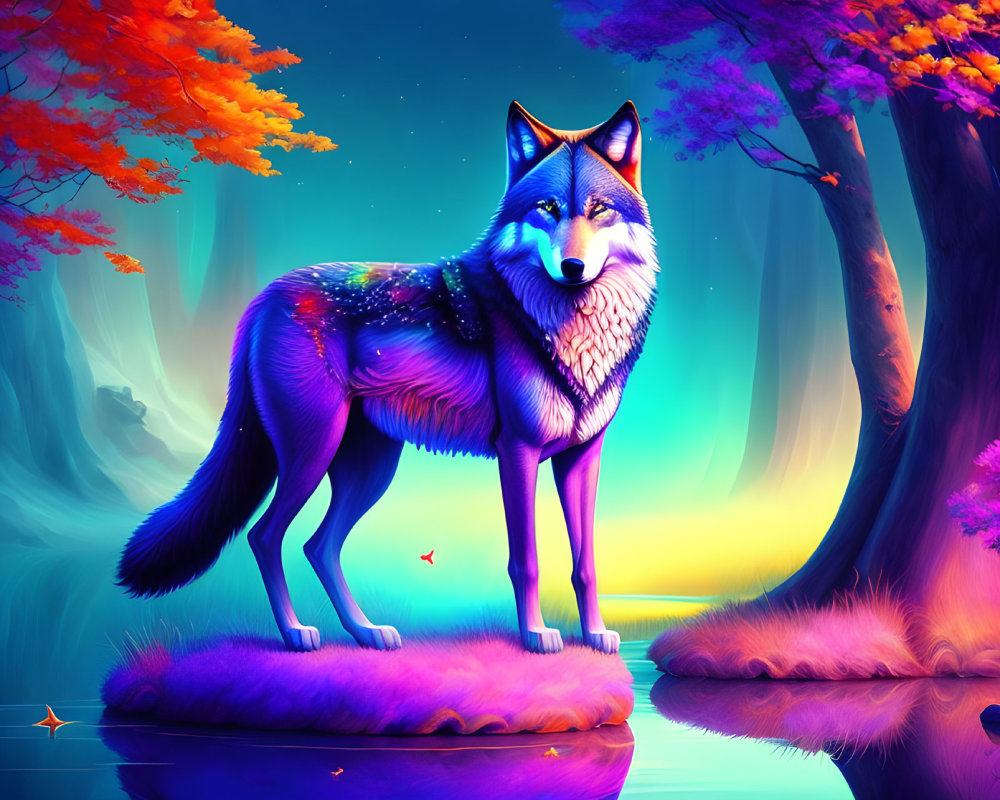 Colorful Cosmic Wolf in Neon Forest with Surreal Sunset