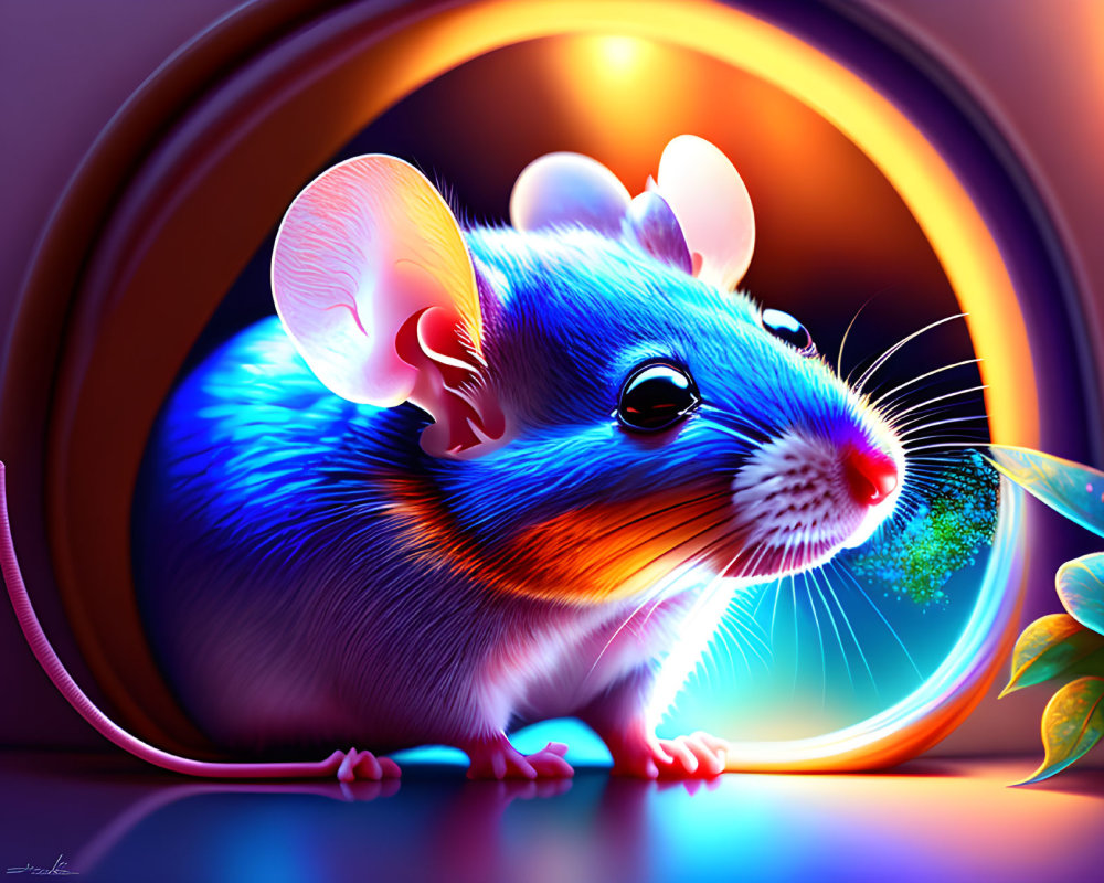 Luminous blue mouse illustration with translucent ears on vibrant backdrop