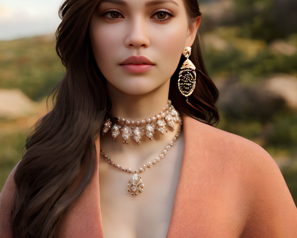 Brown-haired woman in gold jewelry and peach top against mountain backdrop