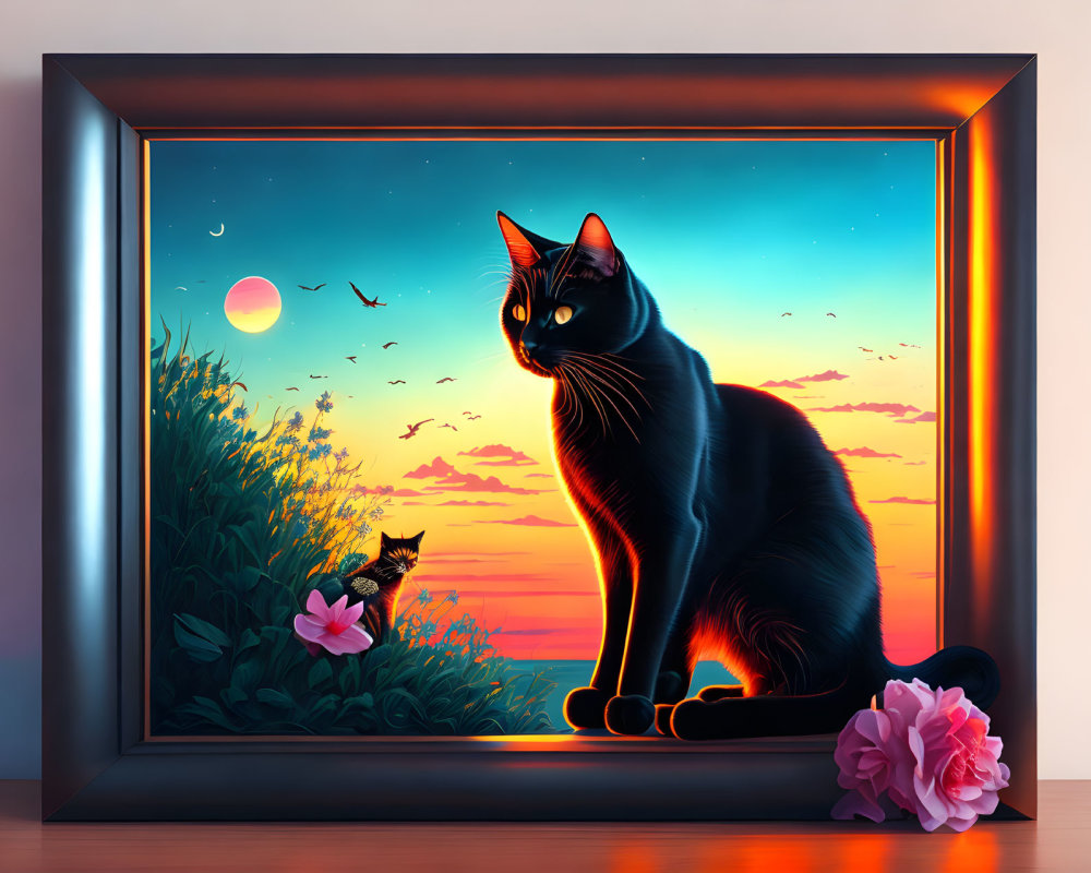 Surreal framed painting: Black cat gazes at smaller cat in vibrant sunset landscape