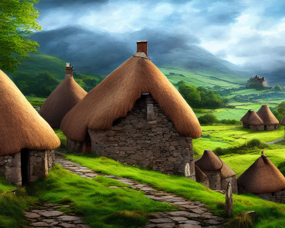 Stone cottages with thatched roofs near misty castle and green hills