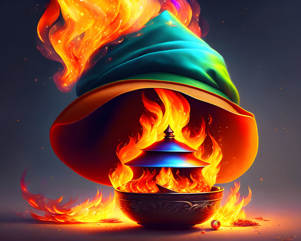 Colorful Illustration: Magical Lamp with Intense Flames and Wizard's Hat