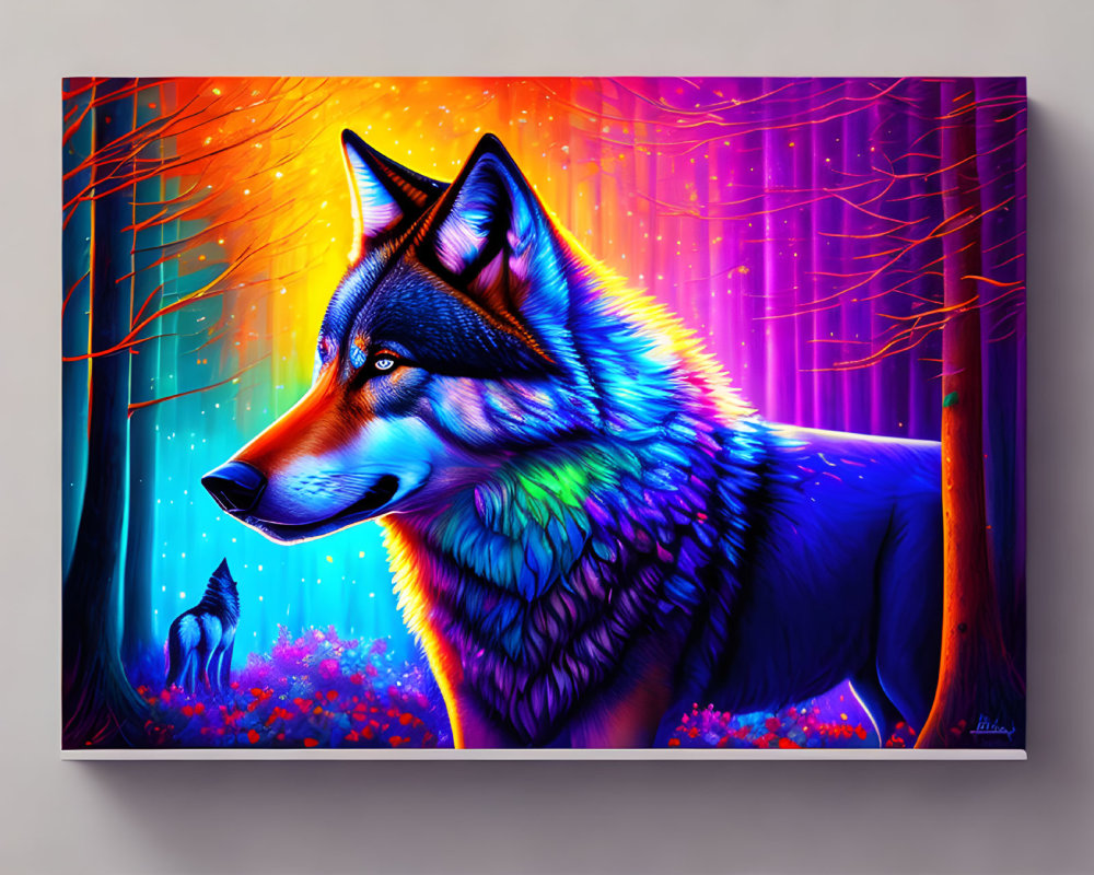 Colorful Wolf in Neon Forest Scene: Vibrant Digital Painting