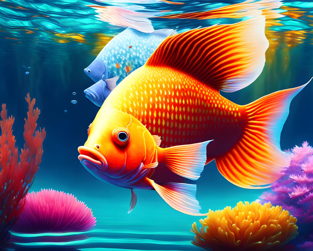 Colorful Underwater Scene with Orange and Blue Fish