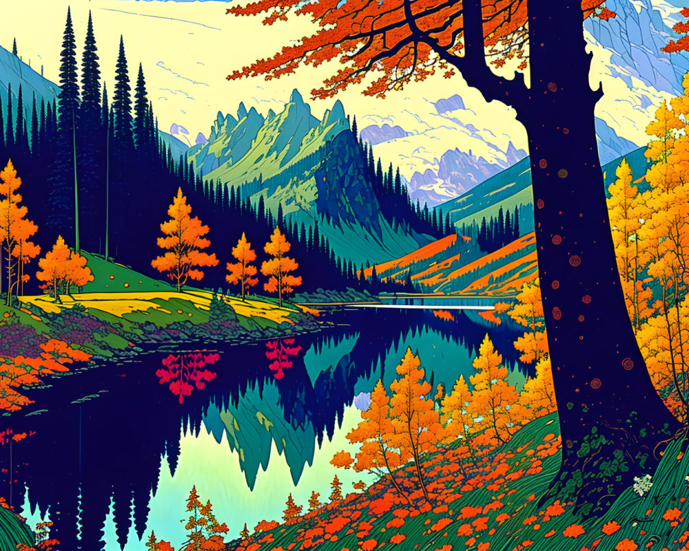 Colorful autumn mountain landscape with lake reflection.