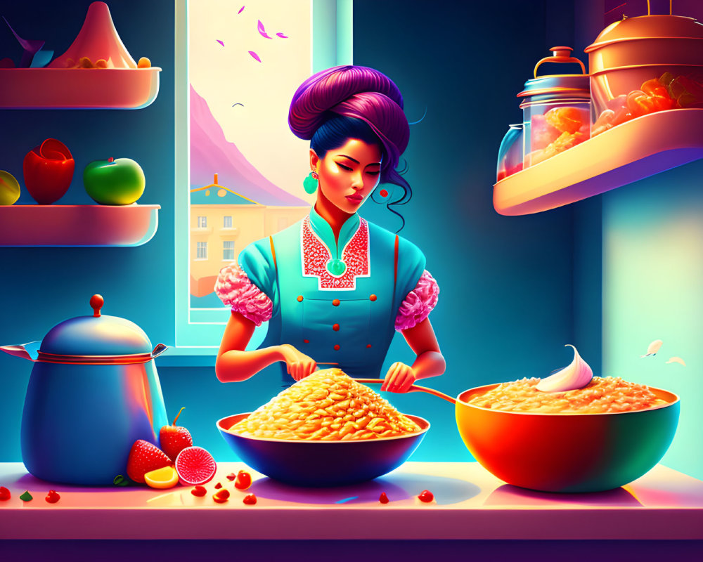 Vibrant retro kitchen illustration with woman cooking and cityscape view
