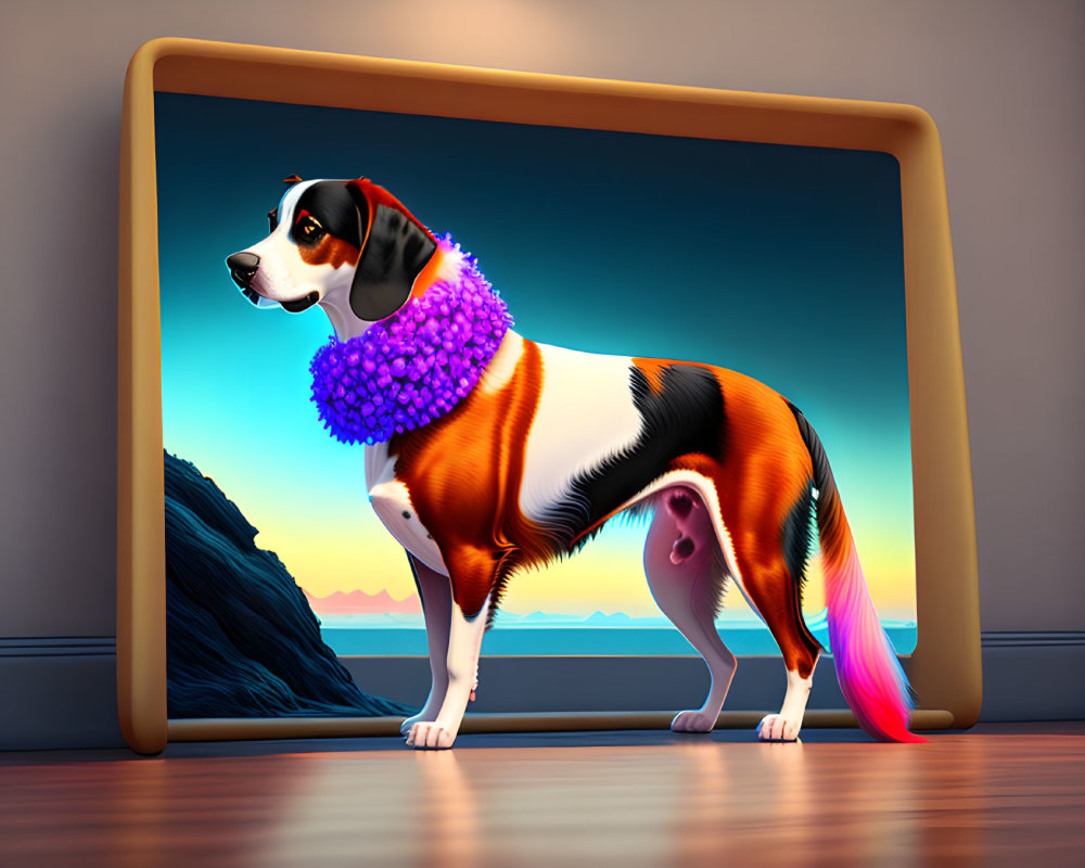 Vibrant dog illustration with purple scarf and rainbow tail in front of digital sunset seascape.