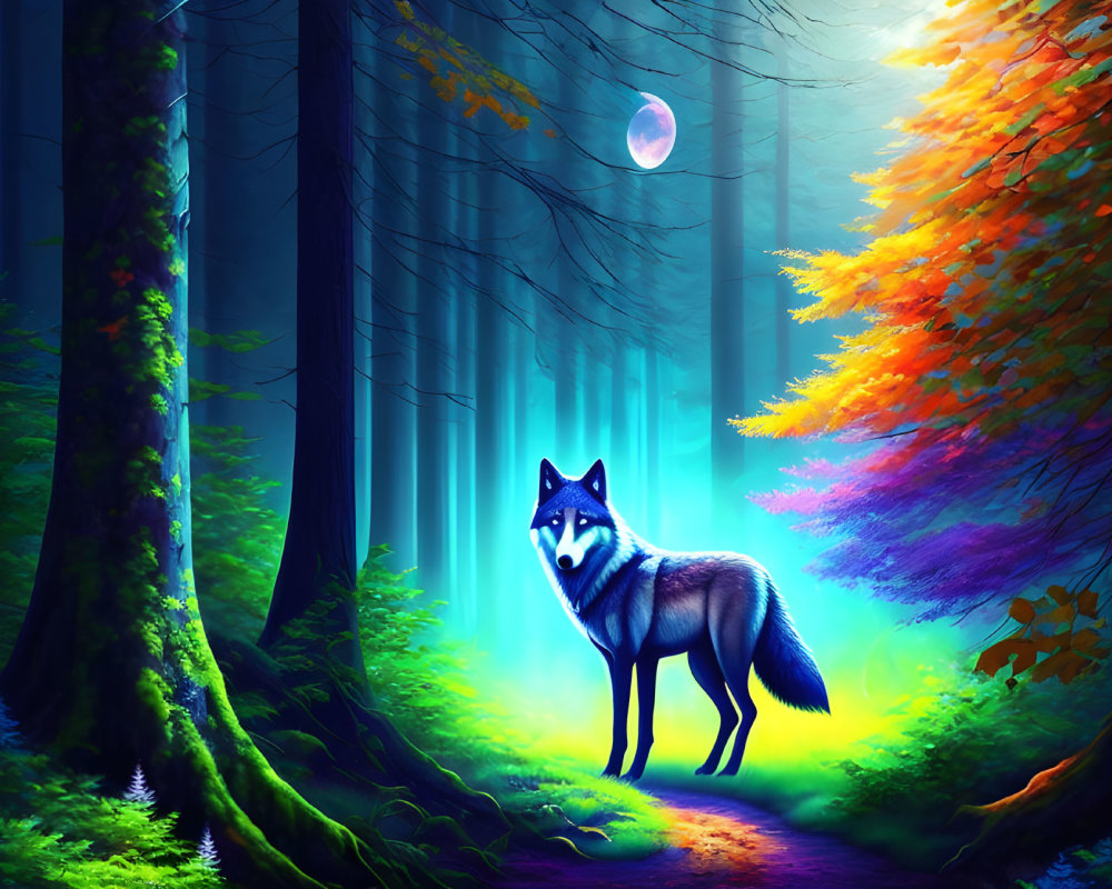 Majestic wolf in vibrant, colorful forest under full moon