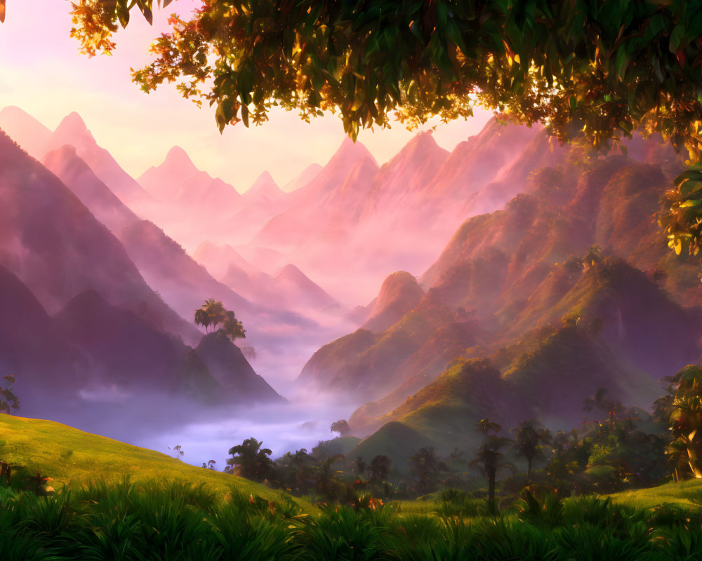 Tranquil sunrise landscape with rolling hills and colorful sky