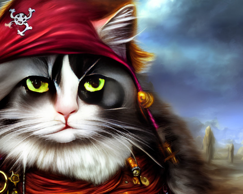 Digital artwork: Cat pirate with bandana and earring in stormy backdrop