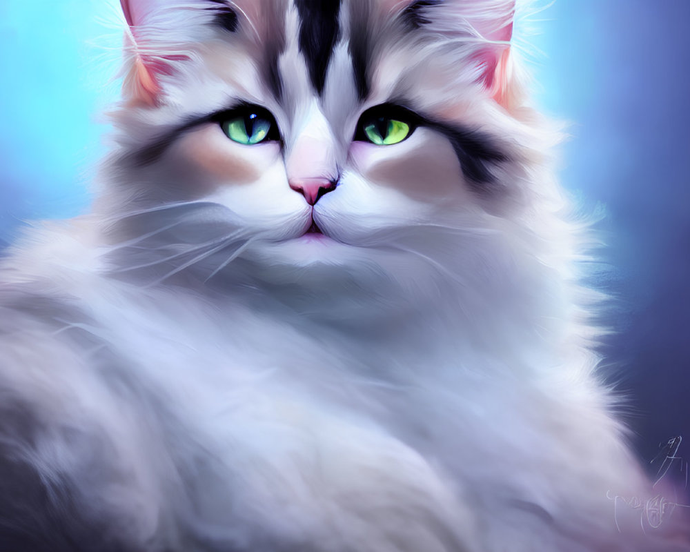 Fluffy long-haired cat with green eyes on blue background