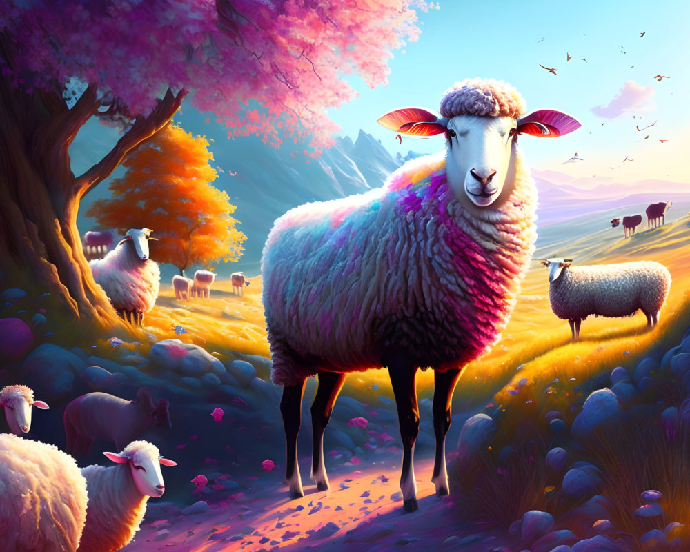 Colorful Sheep Illustration in Whimsical Landscape