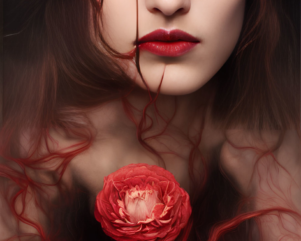 Woman with flowing hair holding red rose exudes dramatic, romantic vibe