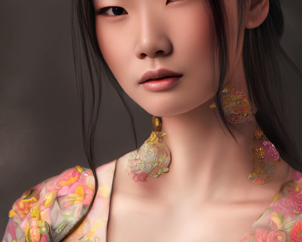 Digital art portrait of elegant East Asian woman in floral attire with updo