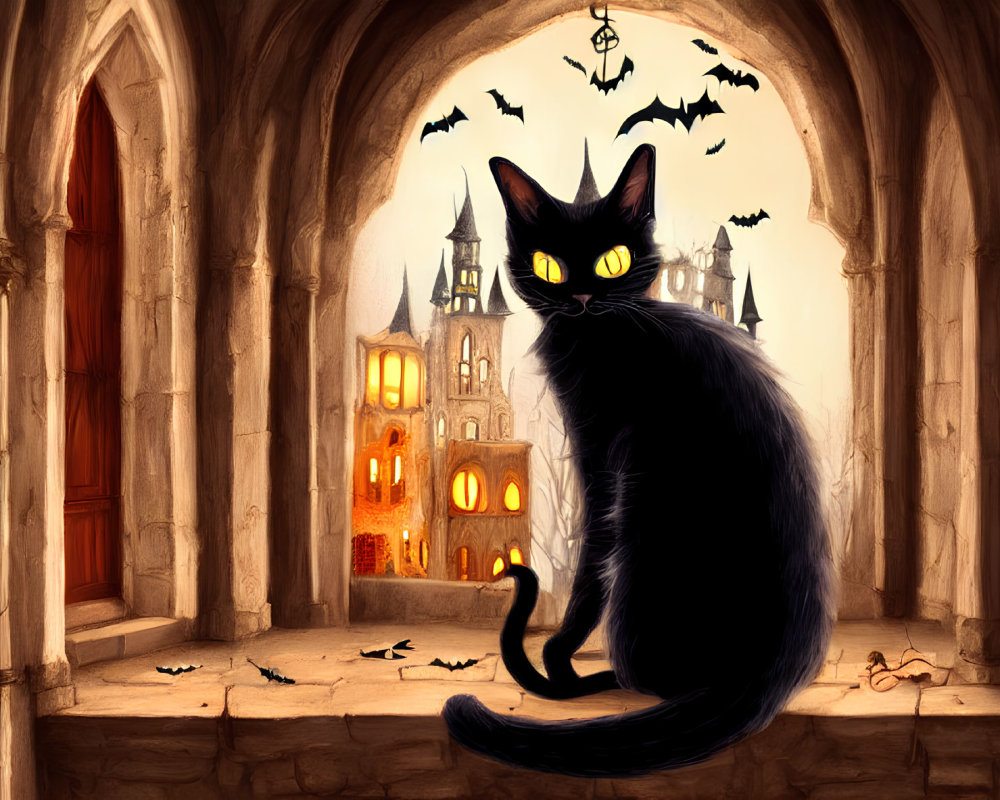 Black Cat with Yellow Eyes on Windowsill Overlooking Gothic Castle at Night