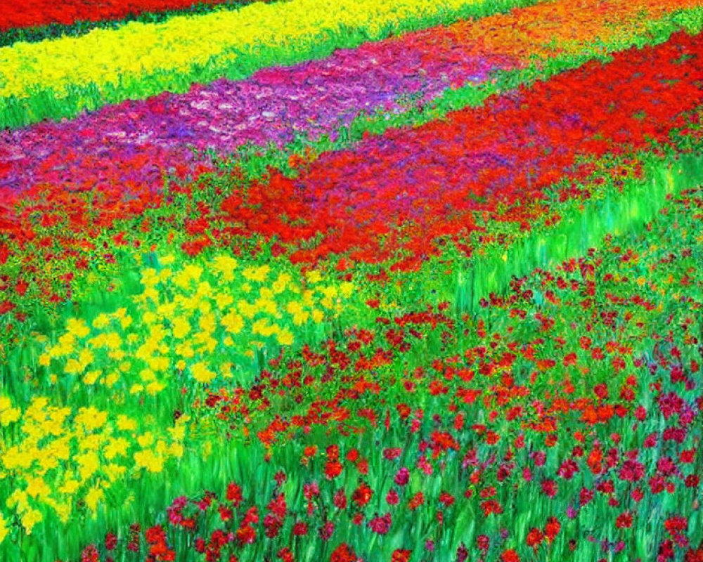 Colorful Flower Fields: Red, Yellow, Purple, Green Stripes in Vibrant Tapestry